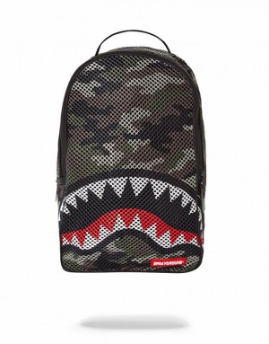 Black Men's Sprayground Camo Mesh Shark Backpacks | GWPK79254