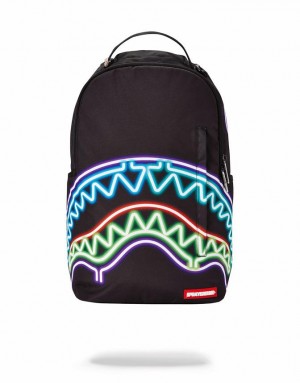 Black Men's Sprayground Neon Shark Backpacks | AWIG65209