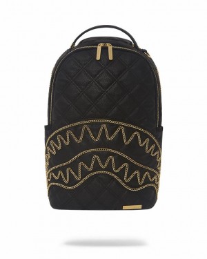 Black Men's Sprayground Noir Quilt Gold Chain Shark Backpacks | GJWH26819