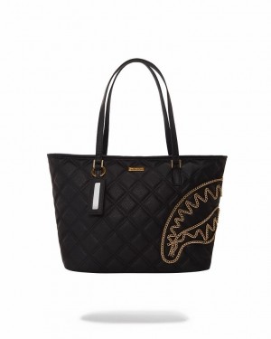 Black Women's Sprayground Noir Quilt Gold Chain Shark Tote Bags | WJOU70854