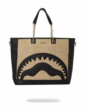 Black Women's Sprayground Raffia Palm Tote Bags | HSNQ69425