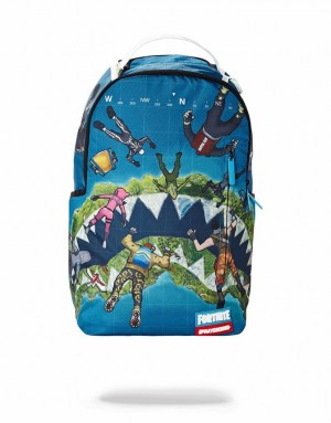 Blue Men's Sprayground Fortnite Island Backpacks | JRCN89475