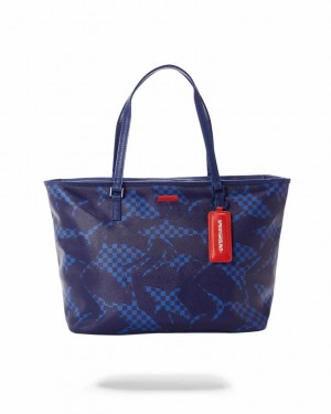 Blue Women's Sprayground Shark Check Tote Bags | FCXA25681