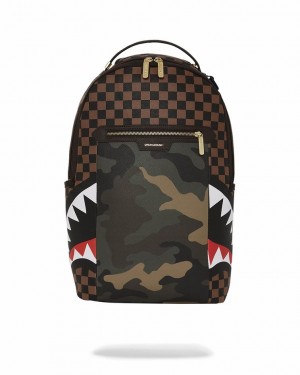 Brown Men's Sprayground Exterior Gold Zip Pocket Sharks In Paris Backpacks | QPOI32018