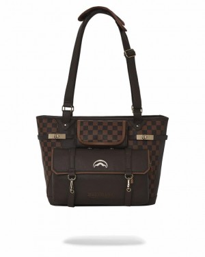 Brown Women's Sprayground Checkmate Royale Tote Bags | OZNL85167