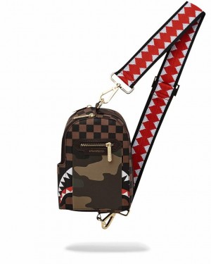 Brown Women's Sprayground Exterior Gold Zip Pocket Sharks In Paris Slings Bag | SYRH96015