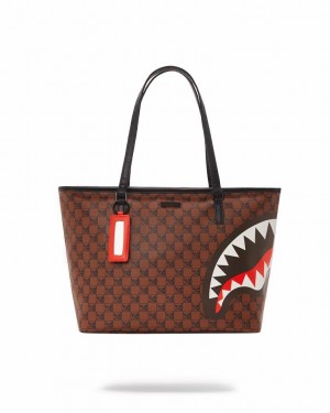 Brown Women's Sprayground Sharks And Skulls Tote Bags | ODVY21430