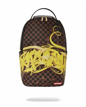 Brown Yellow Men's Sprayground 3d Graffiti Backpacks | XGVY92785