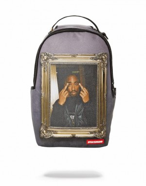 Grey Men's Sprayground Tupac Golden Boy Backpacks | ODUA86127