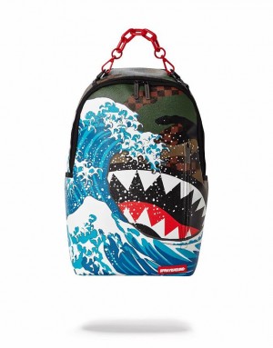 Multicolor Men's Sprayground Camokawa Wave Shark Backpacks | EXQN50216