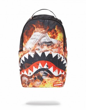 Multicolor Men's Sprayground Fire Money Shark Backpacks | VOXA53198