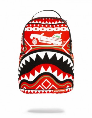 Red Black Men's Sprayground Ugly Sweater Shark Backpacks | OHTP45176