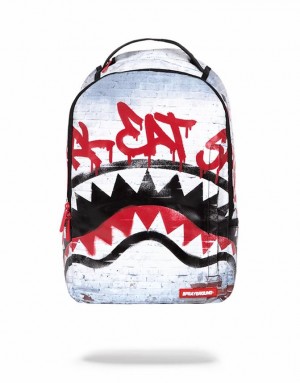 White Black Men's Sprayground Shark Eat Shark Backpacks | RKAT20749