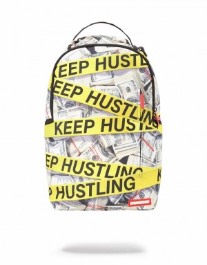 White Yellow Men's Sprayground Keep Hustling Backpacks | YCDG47029