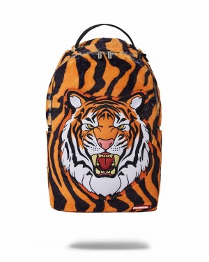 Yellow Men's Sprayground Tiger Cozy Velour Fur Backpacks | WSGU92478