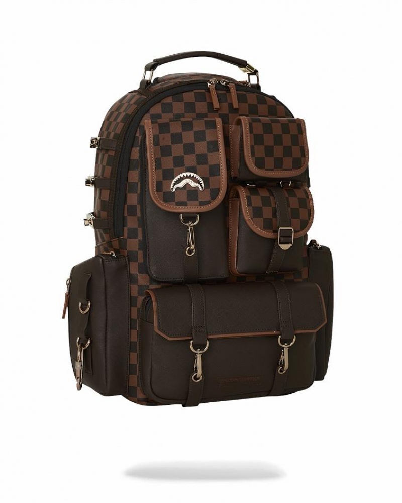 Black Brown Men's Sprayground Checkmate Royale Backpacks | JFZN96134