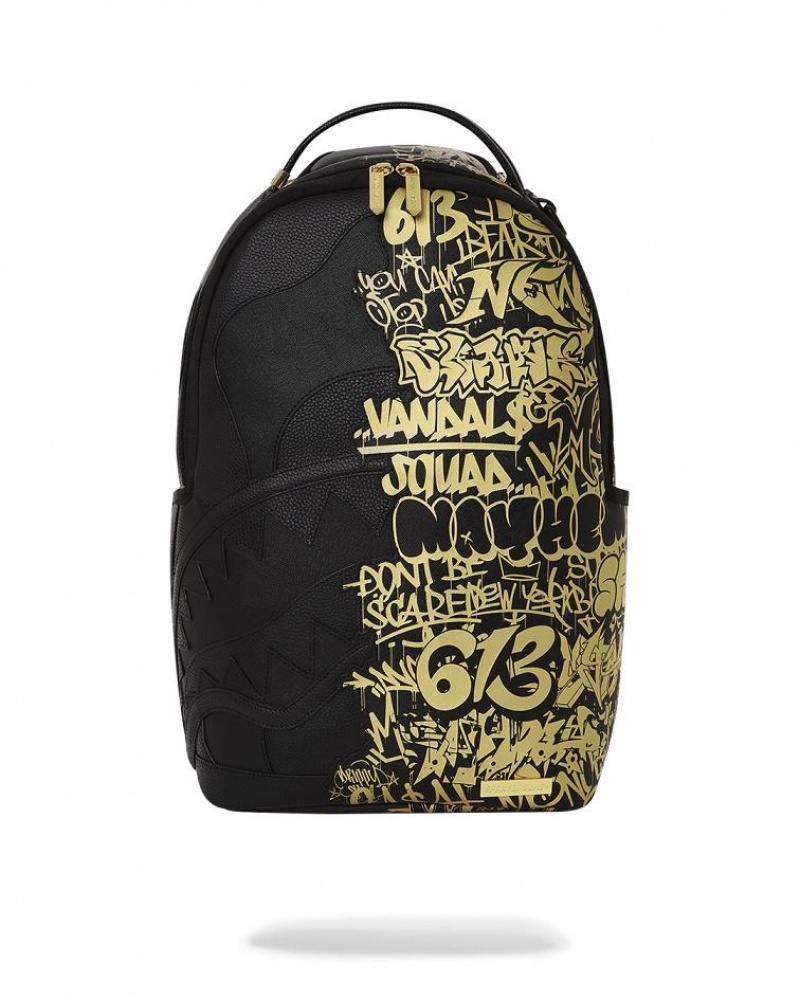 Black Gold Men\'s Sprayground Half Graff Glide Backpacks | CVEO56712