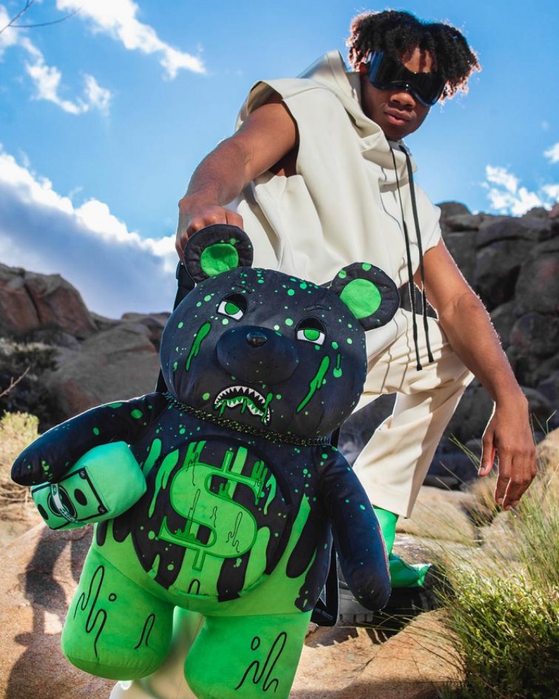 Black Green Men's Sprayground Teddy Bear Backpacks | NAUR10276