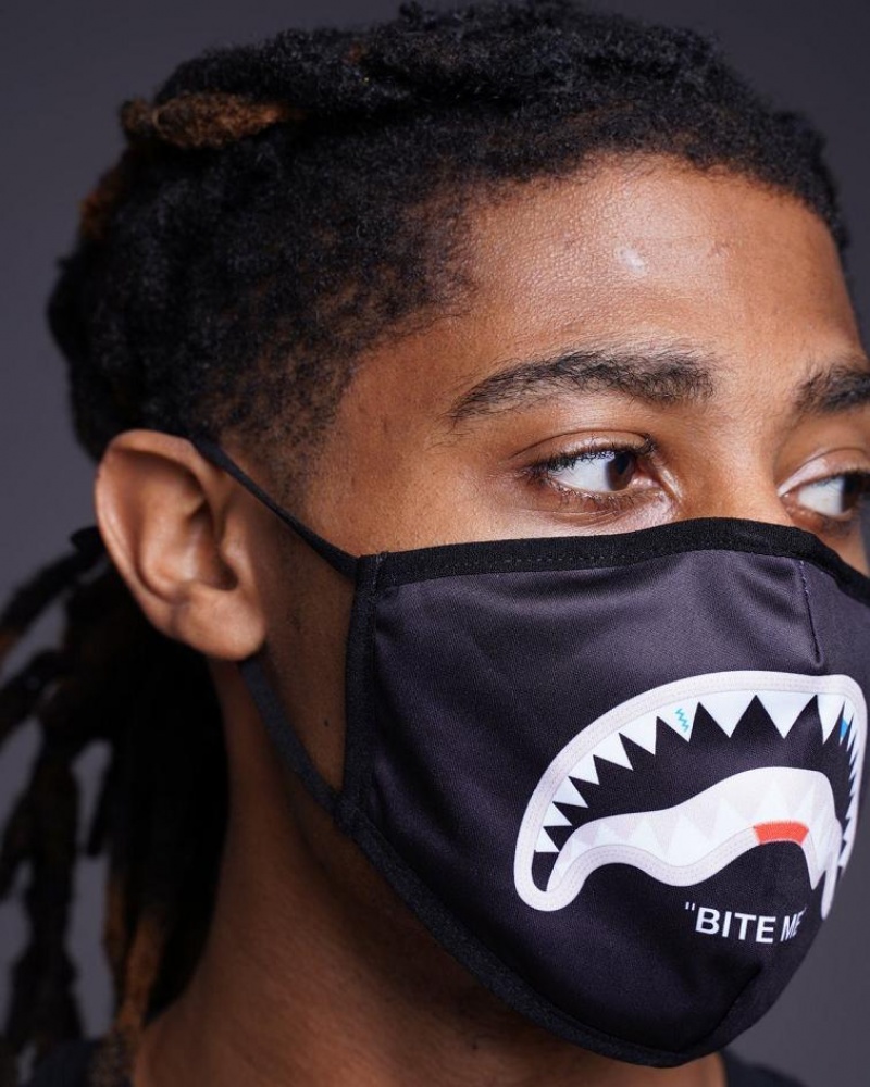 Black Men's Sprayground Bite Me Shark Face Masks | IOWB90462