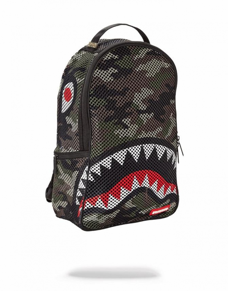 Black Men's Sprayground Camo Mesh Shark Backpacks | GWPK79254