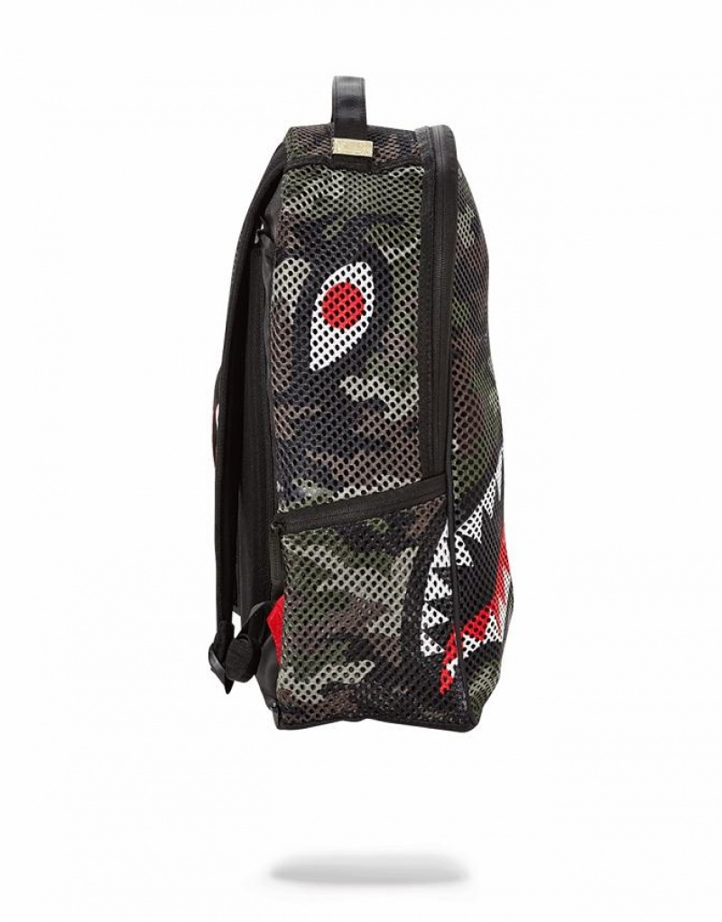 Black Men's Sprayground Camo Mesh Shark Backpacks | GWPK79254