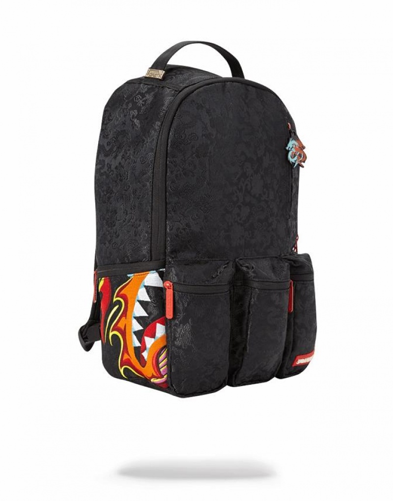 Black Men's Sprayground Dragon Side Shark Cargo Backpacks | BORW24091