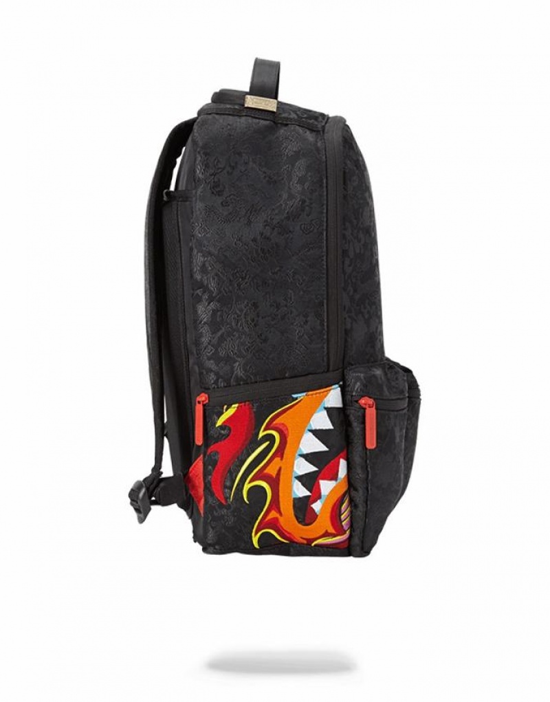 Black Men's Sprayground Dragon Side Shark Cargo Backpacks | BORW24091