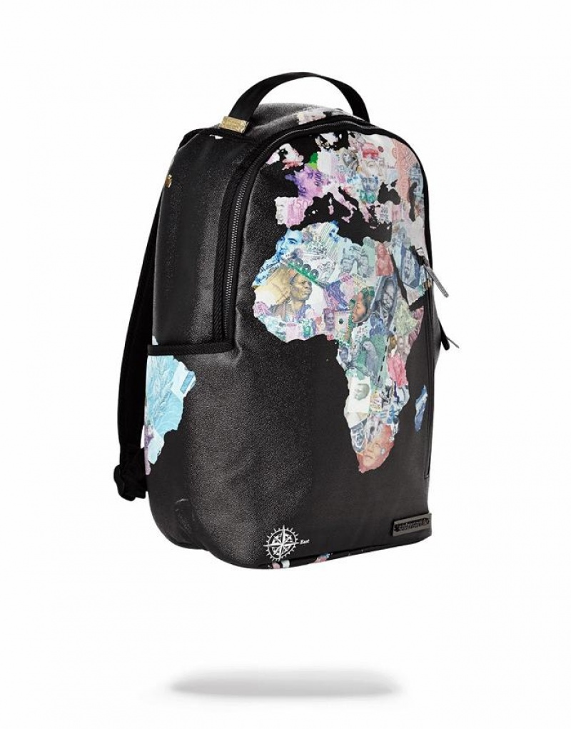 Black Men's Sprayground Global Money Backpacks | DUQI14572