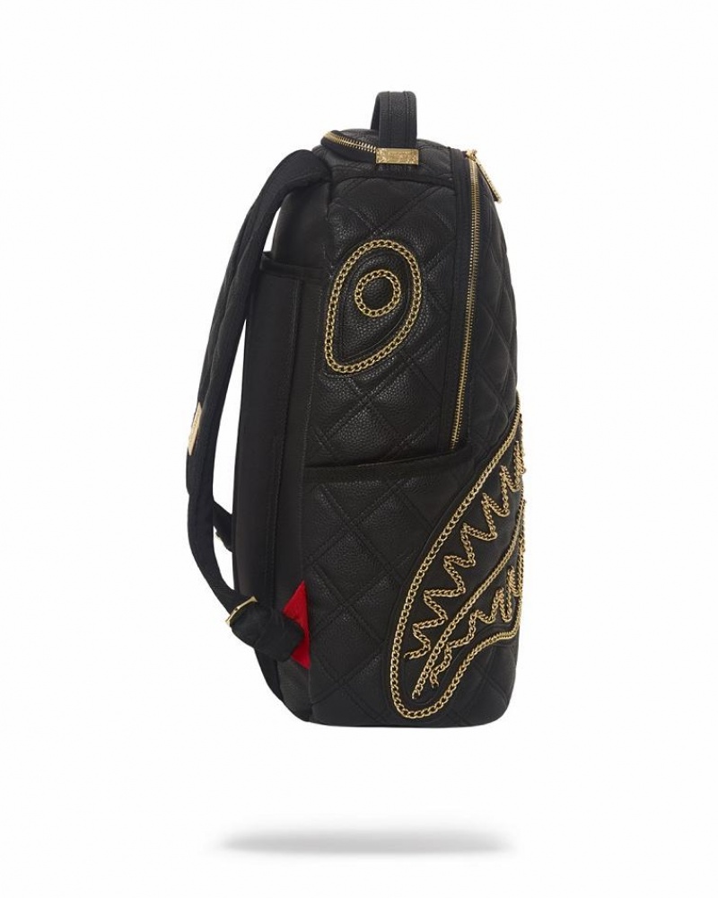 Black Men's Sprayground Noir Quilt Gold Chain Shark Backpacks | GJWH26819