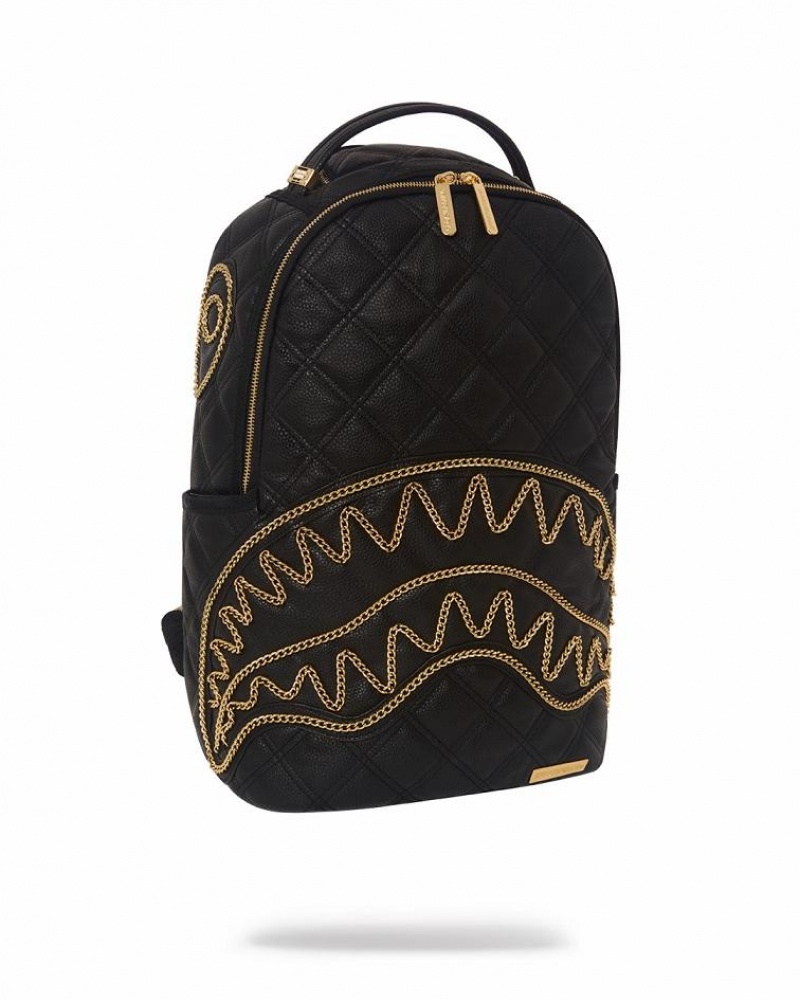 Black Men's Sprayground Noir Quilt Gold Chain Shark Backpacks | GJWH26819