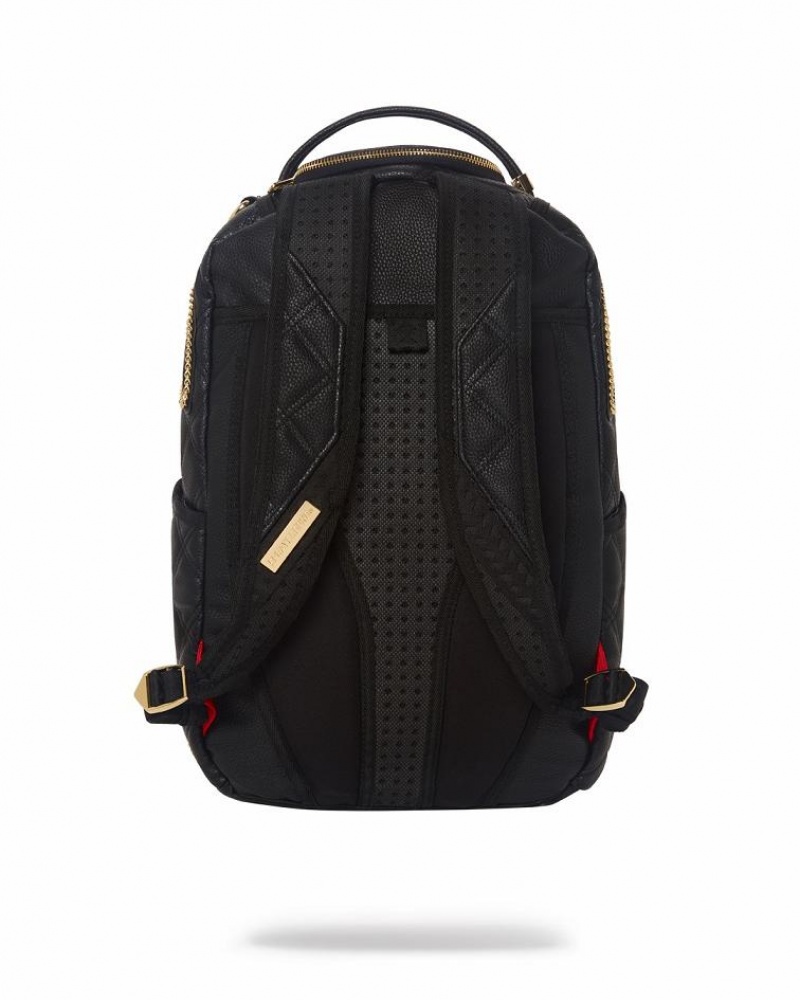 Black Men's Sprayground Noir Quilt Gold Chain Shark Backpacks | GJWH26819