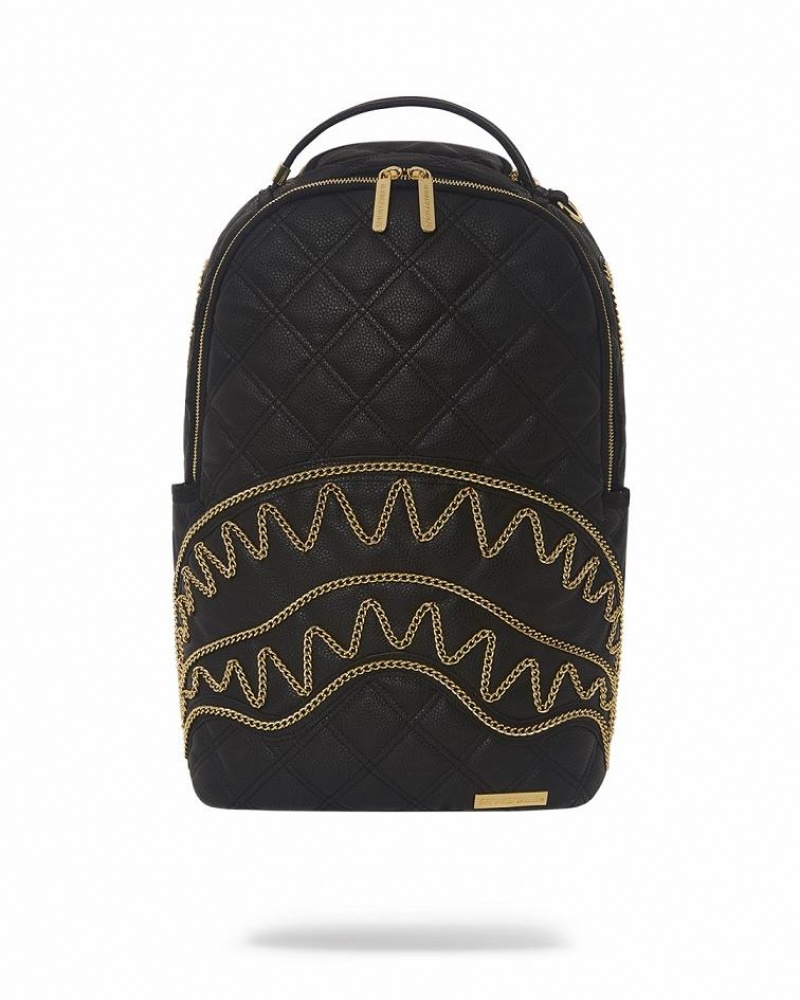 Black Men\'s Sprayground Noir Quilt Gold Chain Shark Backpacks | GJWH26819