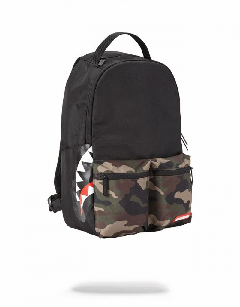 Black Men's Sprayground Shark Double Cargo Backpacks | PBWU28917