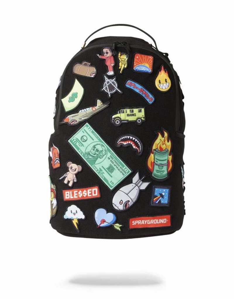 Black Men's Sprayground The 32 Removable Patches Velcro Backpacks | YTLG96824