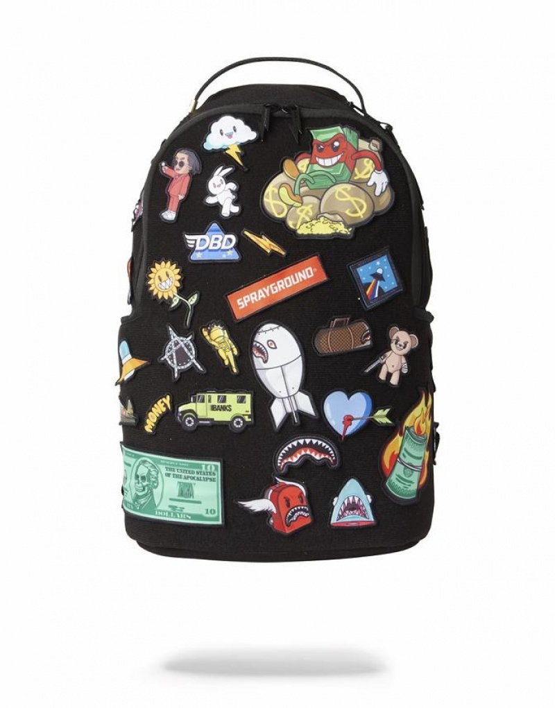 Black Men's Sprayground The 32 Removable Patches Velcro Backpacks | YTLG96824