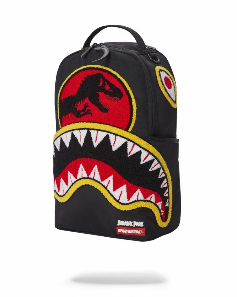 Black Red Men's Sprayground Jurassic Park Shark Backpacks | HBLK87943