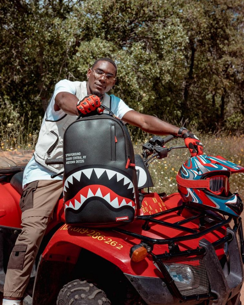 Black Red Men's Sprayground Shark Central Backpacks | VUEF72340