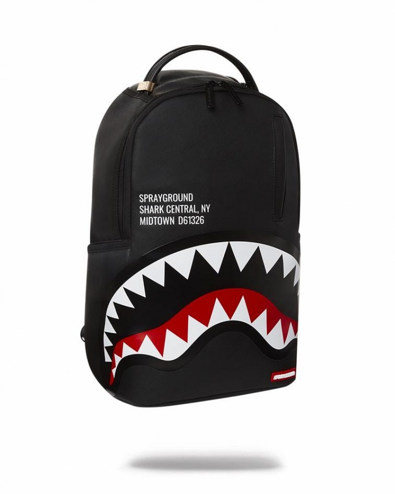 Black Red Men's Sprayground Shark Central Backpacks | VUEF72340