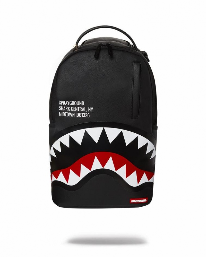 Black Red Men\'s Sprayground Shark Central Backpacks | VUEF72340