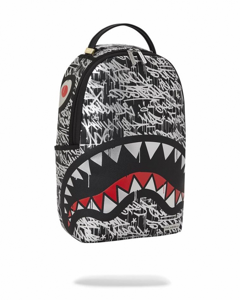 Black White Men's Sprayground Chrome Crusher Backpacks | WPXQ03527