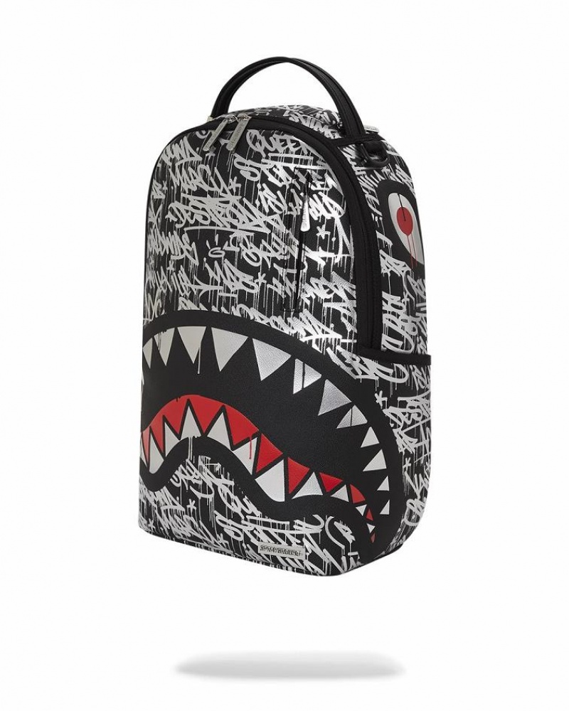 Black White Men's Sprayground Chrome Crusher Backpacks | WPXQ03527