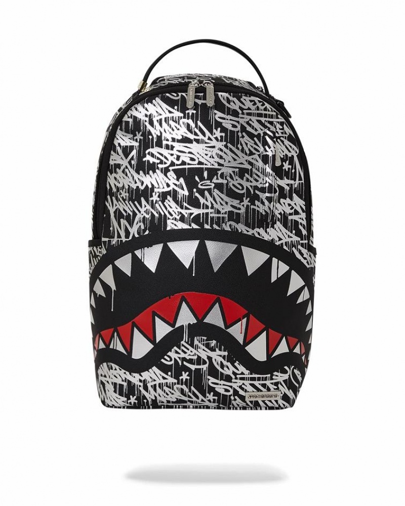 Black White Men\'s Sprayground Chrome Crusher Backpacks | WPXQ03527