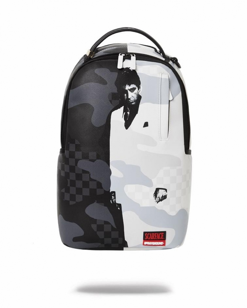 Black White Men\'s Sprayground Scarface Backpacks | MLOE72914