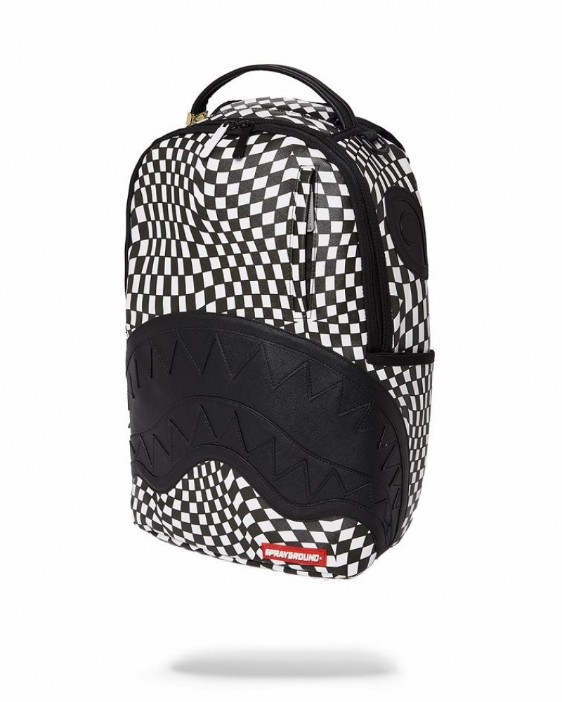 Black White Men's Sprayground Trippy Check Backpacks | TXKU78491