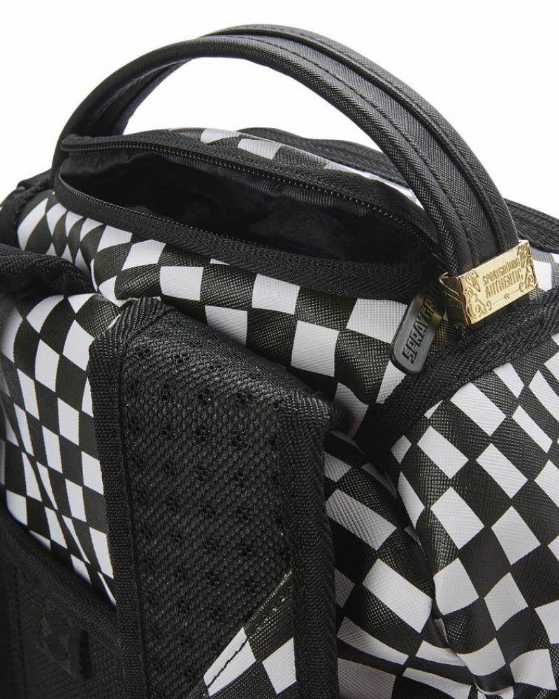 Black White Men's Sprayground Trippy Check Backpacks | TXKU78491