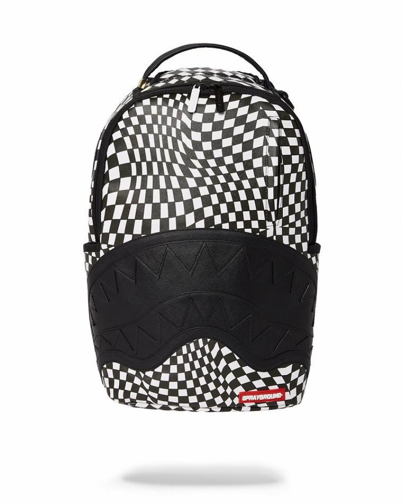 Black White Men\'s Sprayground Trippy Check Backpacks | TXKU78491