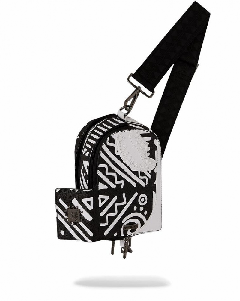 Black White Women's Sprayground A.I.8 African Intelligence Slings Bag | STAV91843