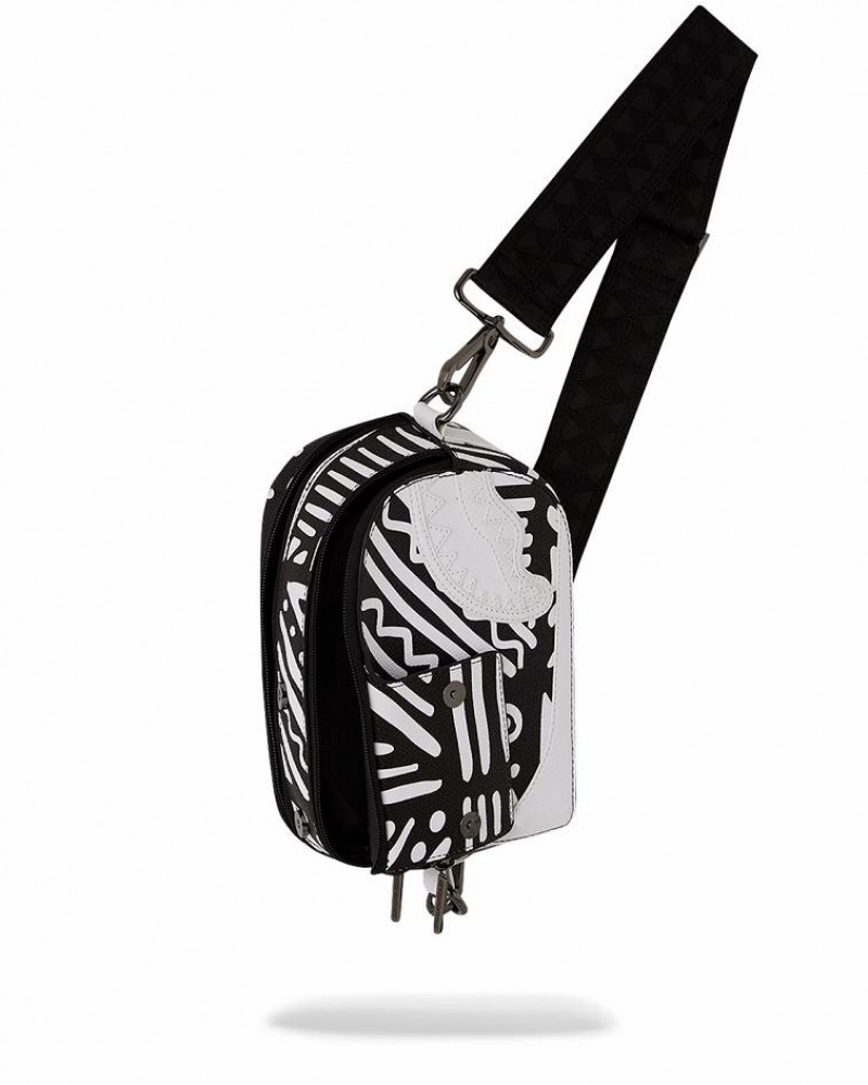 Black White Women's Sprayground A.I.8 African Intelligence Slings Bag | STAV91843