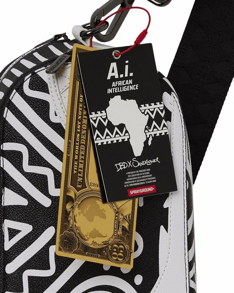 Black White Women's Sprayground A.I.8 African Intelligence Slings Bag | STAV91843