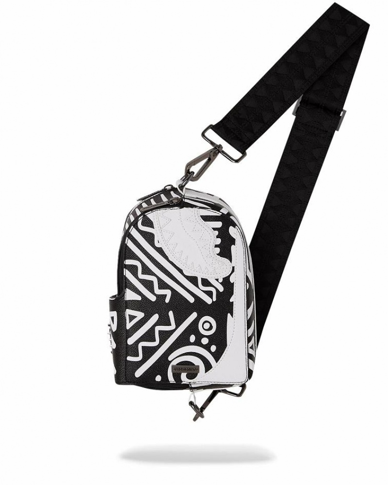 Black White Women\'s Sprayground A.I.8 African Intelligence Slings Bag | STAV91843